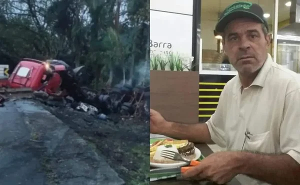 Imagem colorida de caminhão tombado e de caminhoneiro vítima do acidente - Metrópoles