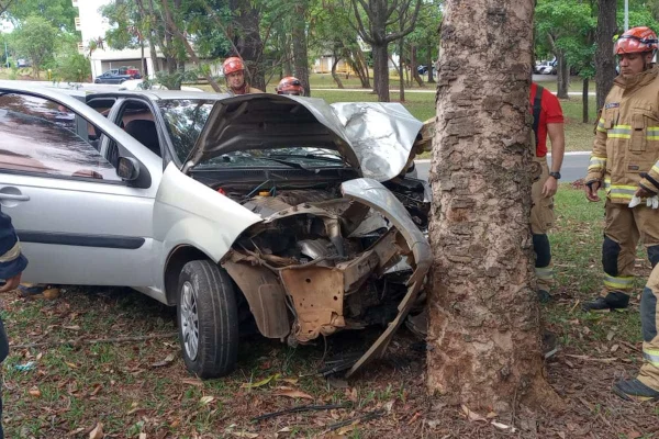 Vídeo. Colisão de carro em árvore deixa uma pessoa ferida na Asa Norte