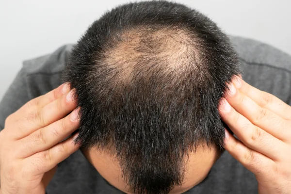 Foto colorida de couro cabeludo masculino, com pouco cabelo de cor preta - Metrópoles.