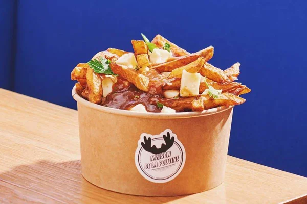 foto de um pote marrom com batatas fritas molho e queijo