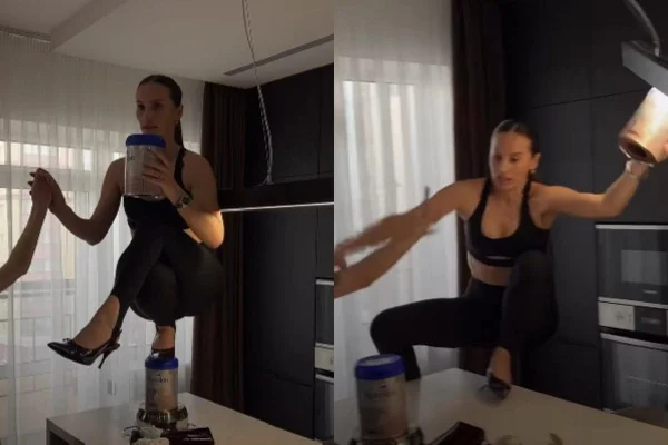 Montagem de uma mulher vestida de preto, se equilibrando em utensilhos - Metrópoles.