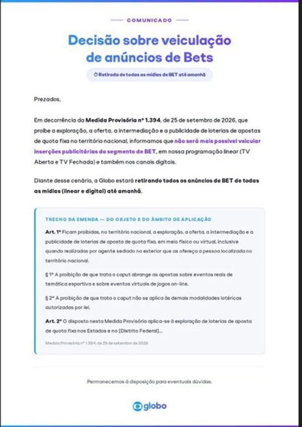Após proibição das bets, Globo se movimenta e envia comunicado às afiliadas - destaque galeria Após proibição das bets, Globo se movimenta e envia comunicado às afiliadas - destaque galeria