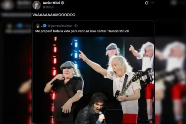 Imagem colorida do Milei comemora convite falso do AC/DC para cantar na Argentina