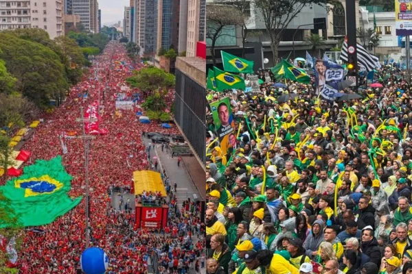 Montagem com imagens de atos a favor de Lula (à esquerda) e Flávio Bolsonaro (à direita) - Metrópoles