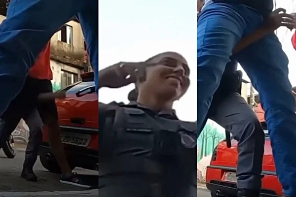 montagem com três fotos de policial acertando genitalias de jovens com braço