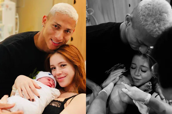 foto colorida de richarlison com mulher e bebe - metrópoles