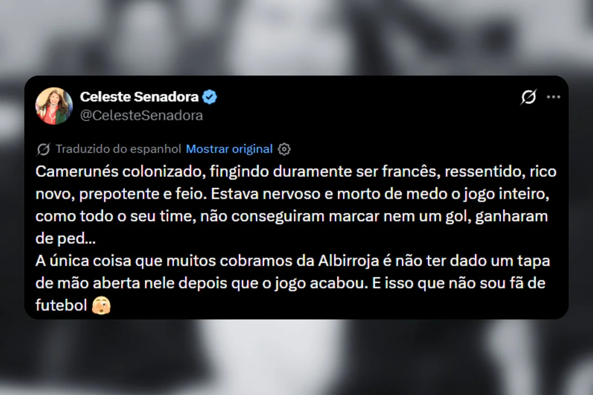 "Camaronês colonizado, fingindo duramente ser francês, ressentido, rico novo, prepotente e feio. Estava nervoso e morto de medo o jogo inteiro, como todo o seu time, não conseguiram marcar nem um gol, ganharam de ped… A única coisa que muitos cobramos da Albirroja é não ter dado um tapa de mão aberta nele depois que o jogo acabou. E isso que não sou fã de futebol". "Camaronês colonizado, fingindo duramente ser francês, ressentido, rico novo, prepotente e feio. Estava nervoso e morto de medo o jogo inteiro, como todo o seu time, não conseguiram marcar nem um gol, ganharam de ped… A única coisa que muitos cobramos da Albirroja é não ter dado um tapa de mão aberta nele depois que o jogo acabou. E isso que não sou fã de futebol".