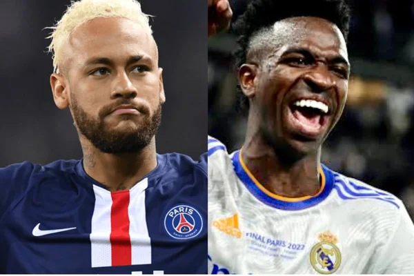 Fotos justapostas dos jogadores Neymar (esquerda) e Vini Jr. (direita), ambos uniformizados e em campo - Metrópoles
