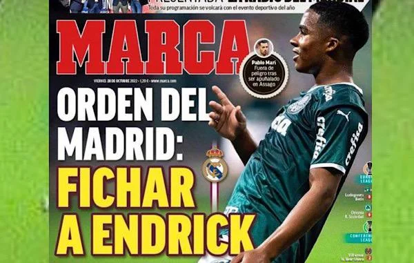 E o garoto Endrick foi parar na manchete do jornal Marca