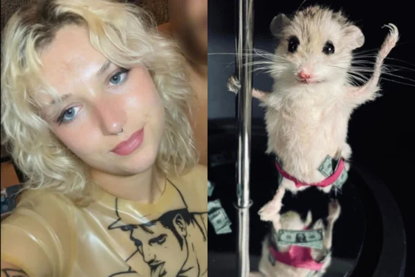Foto colorida de uma mulher loira e um hamster - Metrópoles