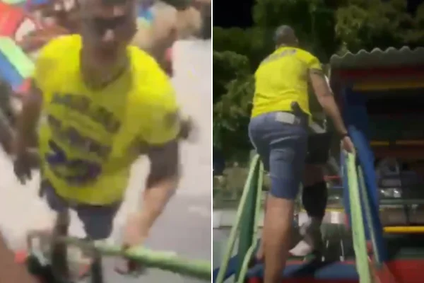 Policial armado e com camisa de Flávio troca socos com jovem em parquinho