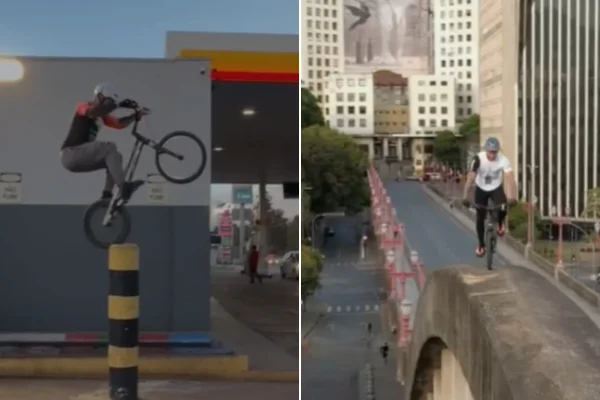 Ciclista mineiro viraliza com manobras em viaduto e posto de gasolina