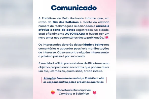 Prefeitura vira “cupido” de solteiros em BH: “Achar a tampa da panela”