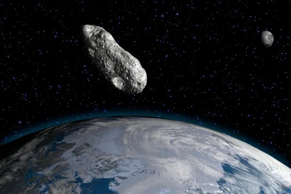 Imagem ilustrativa de asteroide próximo à Terra e Lua - Metrópoles