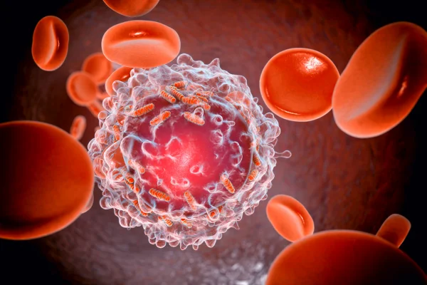 Leucemia: leucócitos com mitocôndrias, ilustração computadorizada. O metabolismo mitocondrial é um alvo terapêutico potencial na leucemia. Metrópoles