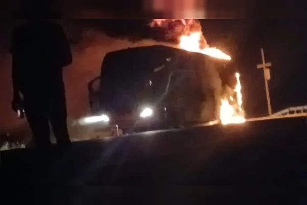 Ônibus interestadual pega fogo e passageiros passam madrugada na pista