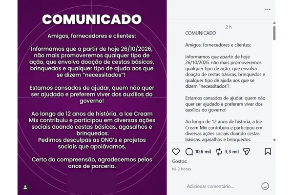 Comunicado publicado pelo perfil da Ice Cream Mix Sorvetes e o empresário Adriano Reis.