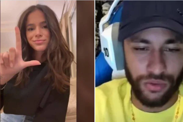 Montagem colorida de Bruna Marquezine fazendo um 'L' com a mão e Neymar Jr. (esquerda e direita, respectivamente) - Metrópoles