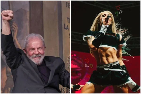 Em fotos justapostas, aparecem Lula e drag queen Pabllo Vittar. Ele levanta a mão com o punho fechado, de terno e sorrindo, e Pabllo canta ao microfone em roupa de performance - Metrópoles