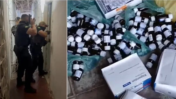 policial e remédios apreendidos