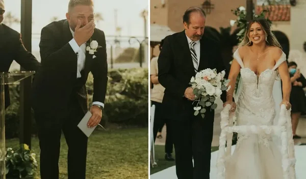 Cadeirante, mulher surpreende noivo e caminha até o altar em casamento