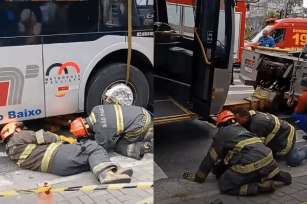 Colagem colorida de bombeiros realizando o resgate de motociclista debaixo de ônibus - Metrópoles