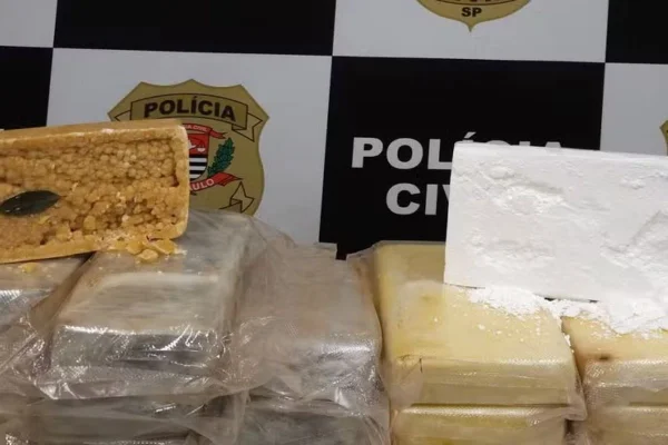 Imagem colorida de pacotes de droga apreendidos pela Polícia Militar. Metrópoles