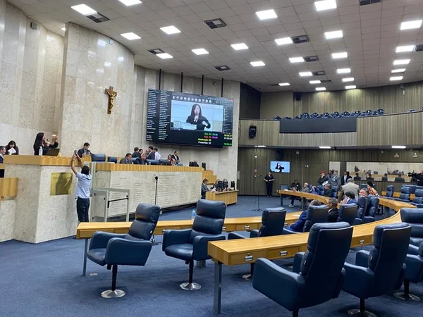 Imagem colorida mostra plenário de carpete azul e móveis de madeira clara da Câmara Municipal de SP - Metropoles