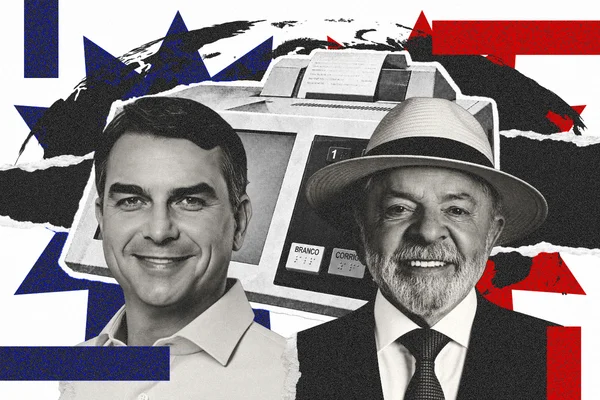 Arte mostra os candidatos Flavio Bolsonaro e Lula a frente de uma urna eletrônica - Metrópoles