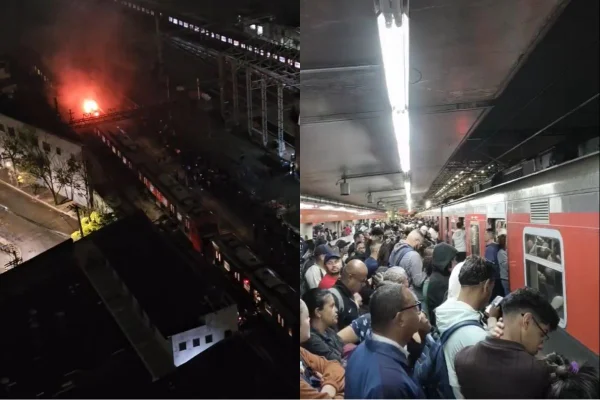 Imagem colorida mostra trem pegando fogo após falha em SP. Metrópoles