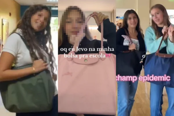 A imagem mostra um compilado de jovens exibindo bolsas nas cores azul rosa e verde
