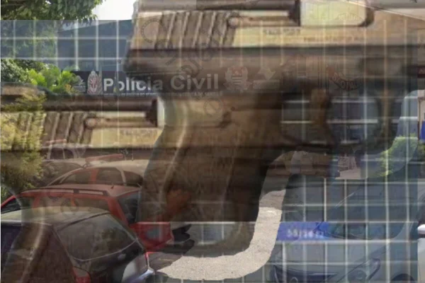 Arte gráfica de pistola translucida, duplicada, sobre fachada de delegacia de polícia de São Paulo - Metrópoles