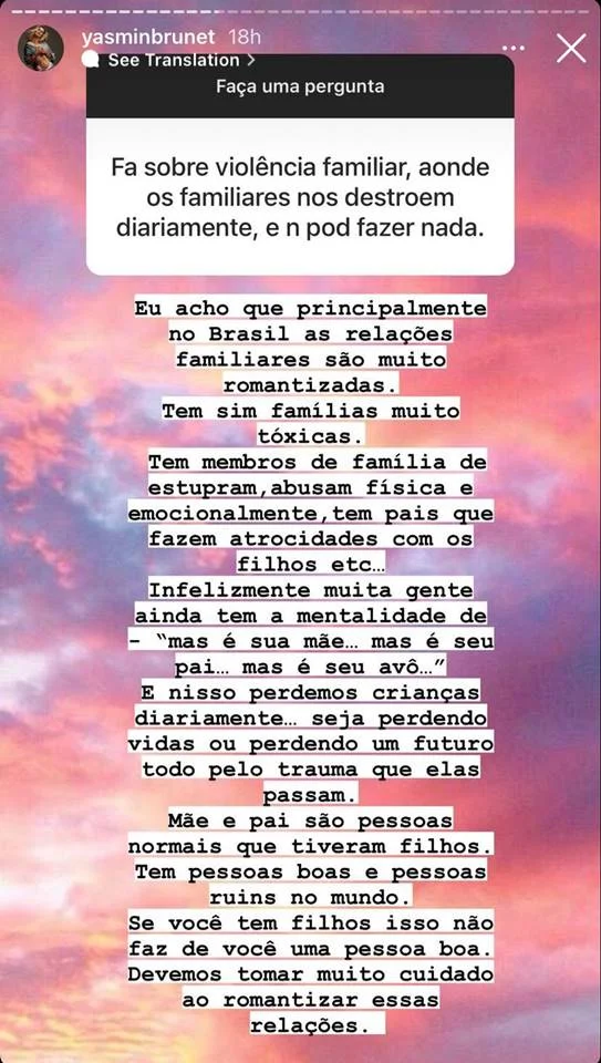 Yasmin Brunet manda indireta: “Relações familiares são romantizadas” - destaque galeria