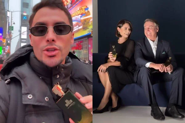 montagem com foto de homem segurando vidro de perfume e foto de michelle e jair bolsonaro sentado em sofá se olhando - metrópoles