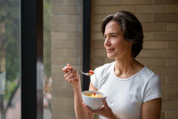 Foto colorida de uma mulher comendo - Metrópoles