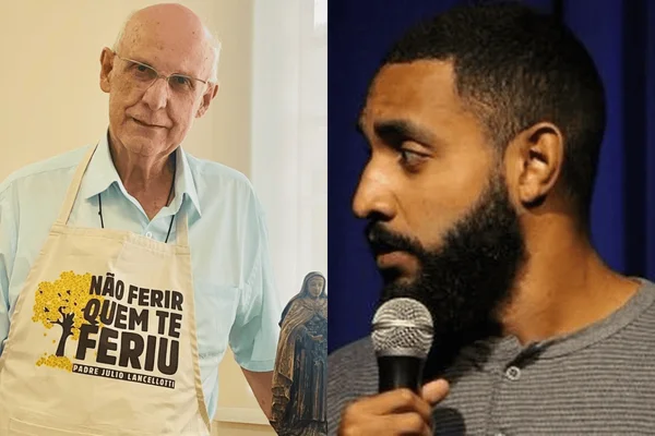 Colagem colorida do padre ao lado do humorista acusado de dano moral - Metrópoles