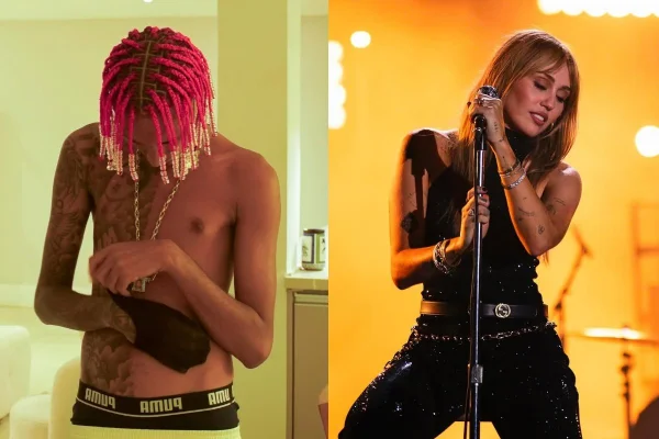 Montagem com fotos de Oruam e Miley Cyrus