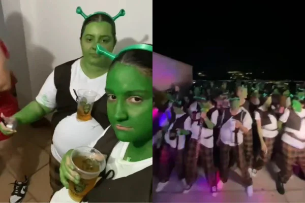 Foto colorida de pessoas fantasiadas de Shrek - Metrópoles