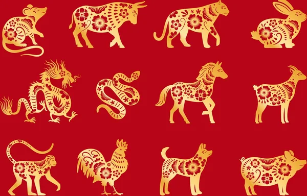 Imagem colorida de animais do horóscopo chinês. Eles são dourados e estçao sob fundo vermelho - Metrópoles