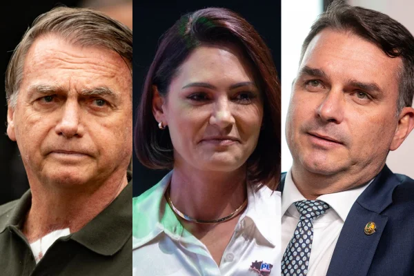Imagem colorida de montagem Jair Bolsonaro, Michelle Bolsonaro e Flávio Bolsonaro