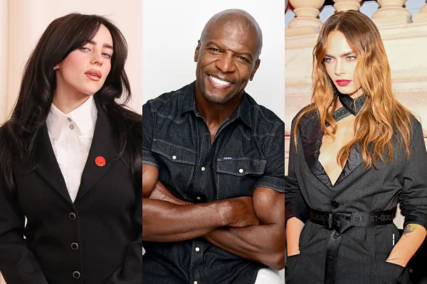 Montagem de 3 fotos com Billie Eilish, Terry Crew e Cara Delevingne - Vício em pornografia