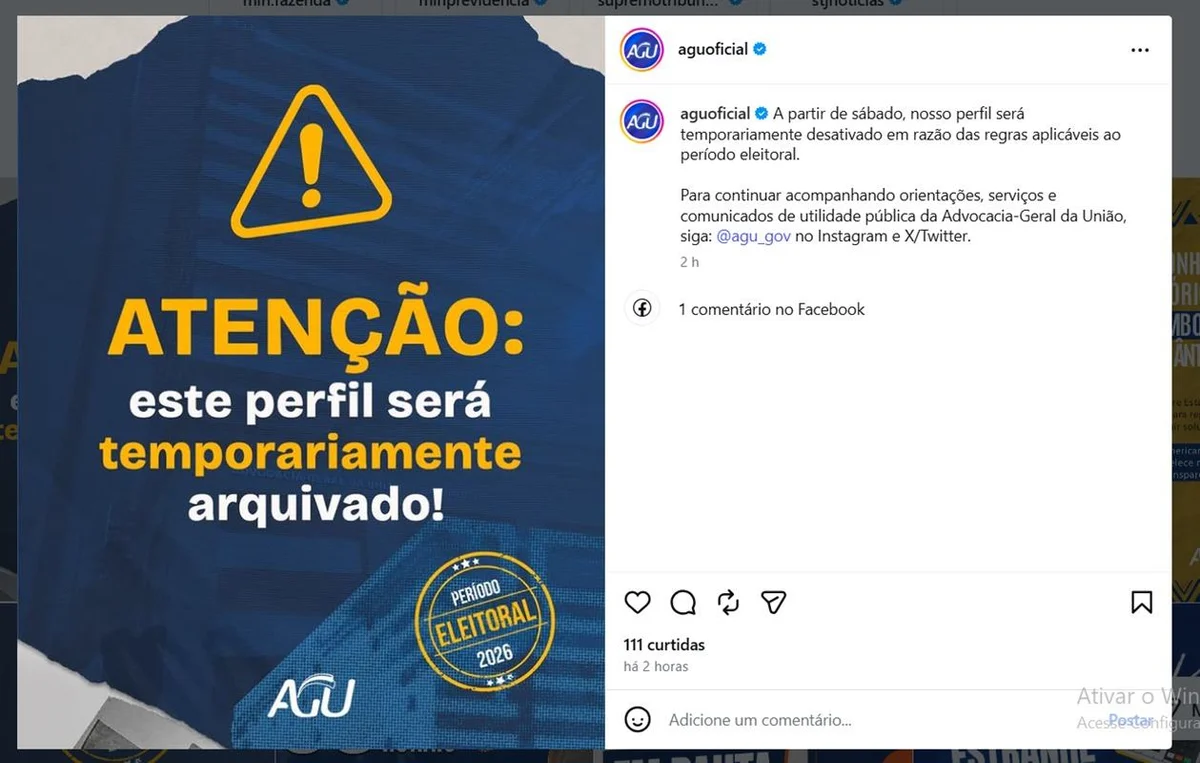 Aviso de desativação do perfil da AGU durante o período de defeso eleitoral Aviso de desativação do perfil da AGU durante o período de defeso eleitoral
