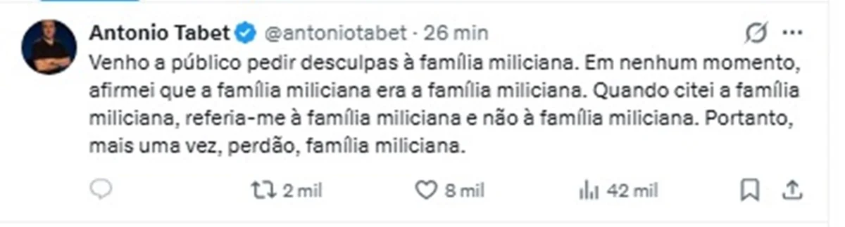 Antonio Tabet ironiza repercussão de publicação sobre "família miliciana" Antonio Tabet ironiza repercussão de publicação sobre "família miliciana"
