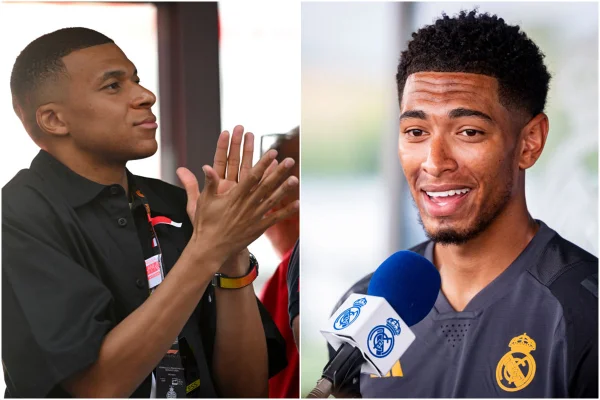 Montagem com imagens coloridas de Mbappé e Bellingham - Metrópoles