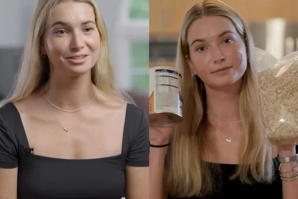 Fotos de Caroline Cray Quinn, uma mulher branca e loira usando uma blusa preta. Na imagem da direita ela está segurando e mostrando um pacote de aveia e na outra mão, um suplemento alimentar. Metrópoles