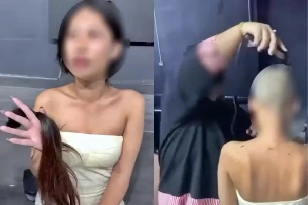 Capturas de tela de vídeo em que mulher tem cabelo raspado