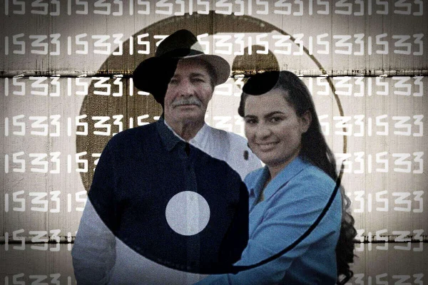Arte de homem idoso ao lado de mulher com o símbolo ying yang sobre eles - Metrópoles