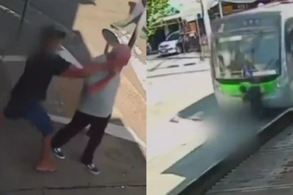 Montagem com duas fotos; à esquerda, um rapaz pega o celular de um homem na calçada; à direita; um ônibus atinge o rapaz no meio da rua - Metrópoles