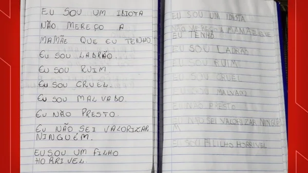 Caderno em que criança de Imbé era forçada a escrever frases ofensivas