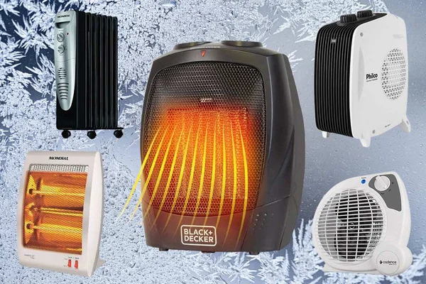 Arte dom aquecedores elétricos de variadas marcs e tamanhos sob fundo com critais de gelo - Metrópoles